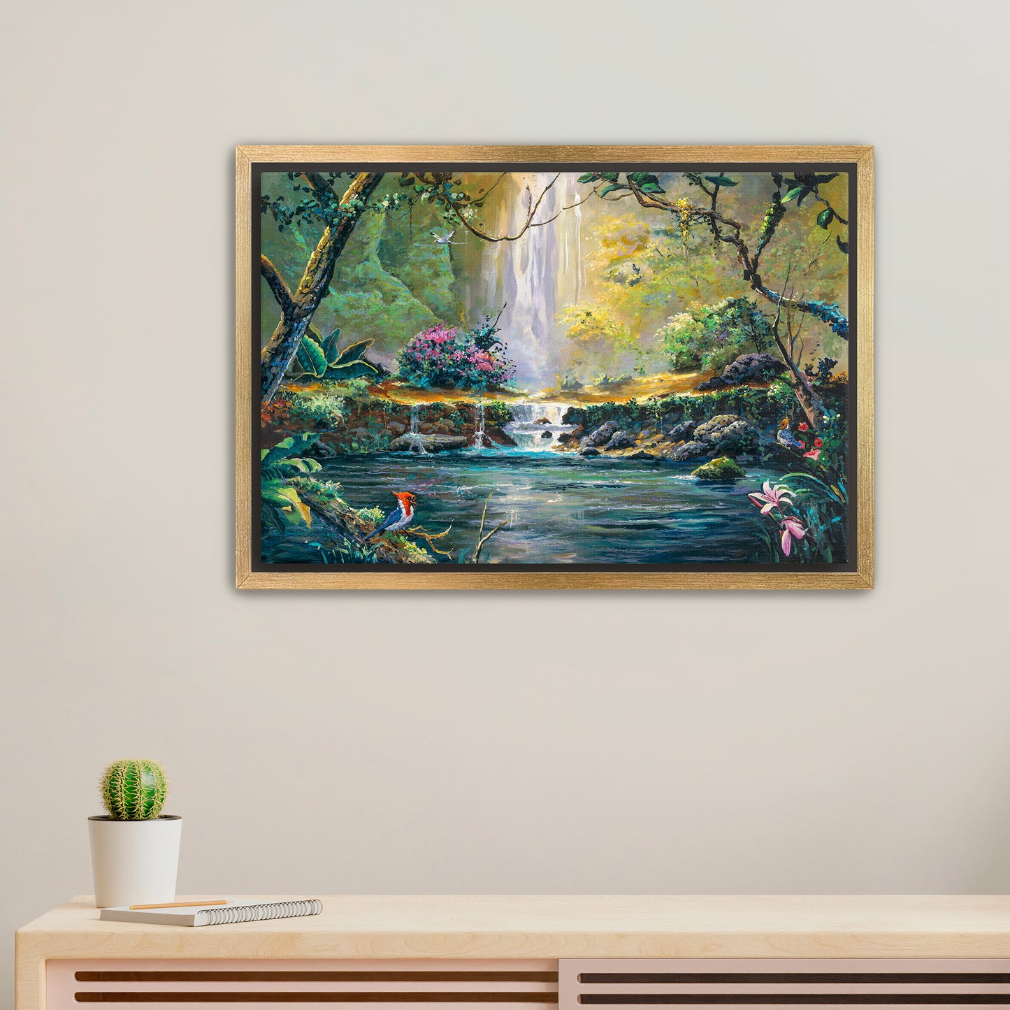 Red Crested Cardinal at the Falls- Giclée on Canvas