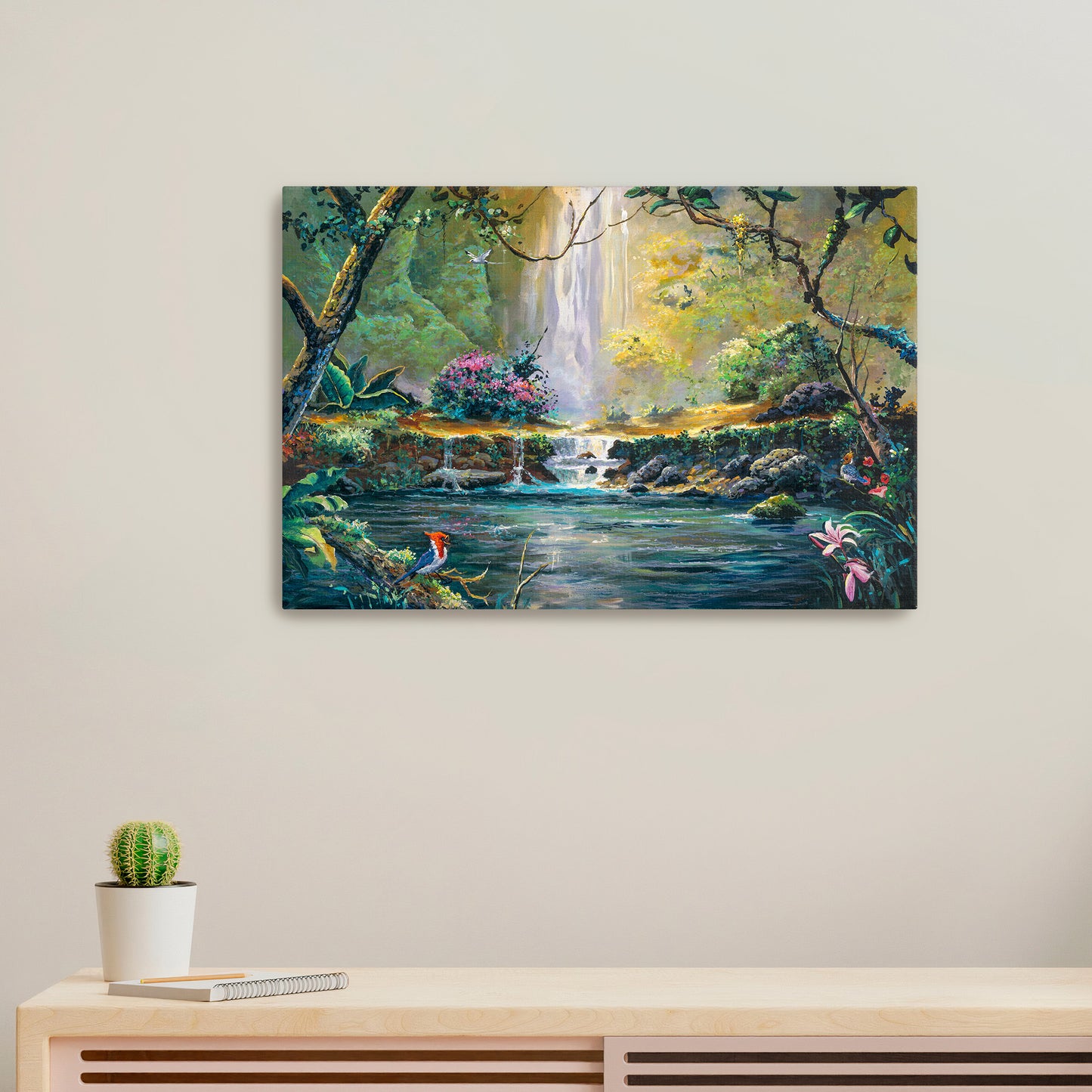 Red Crested Cardinal at the Falls- Giclée on Canvas